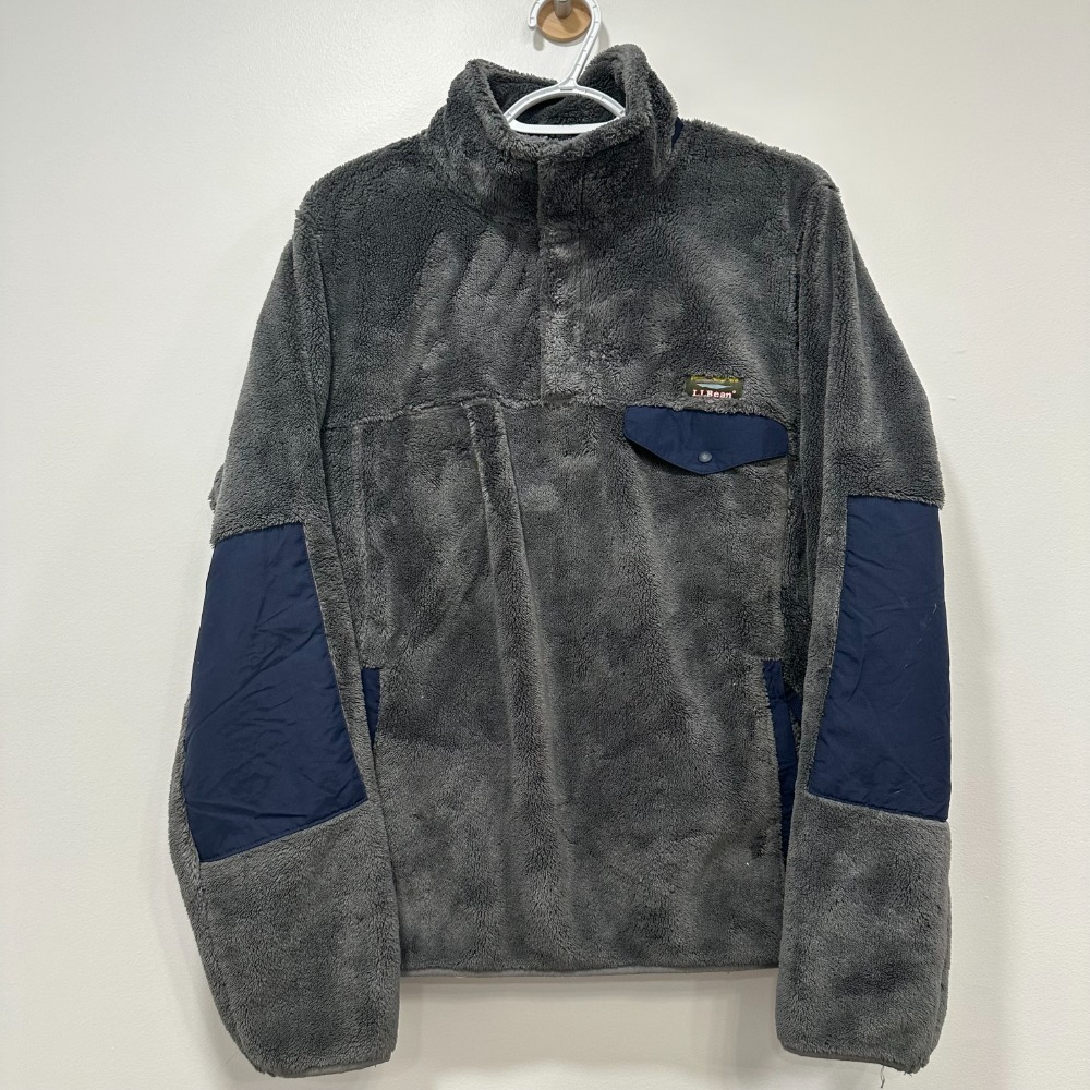 LL Bean Medium Gray Blue Sherpa Popover‎ 1/2 Button Outerwear Fleece  Fuzzy